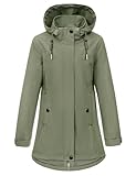 CMTOP Chaqueta Mujer Entretiempo Softshell Impermeable, Chaquetas Mujer Larga Cortavientos con Capucha Desmontable, Parka Abrigo Ligera con Bolsillos para Primavera y Otoño(verde,M)