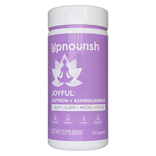 UpNourish Organic Ashwagandha Saffron Συμπληρώματα με Προβιοτικά - Άγχος ανακούφιση, Mood Enhancer, Ηρεμία Happy Hills Υποστήριξη Κόπωση Focus Καθαρότητα με L-Θεανίνη, Rhodiola, 30 Vegan Κάψουλες