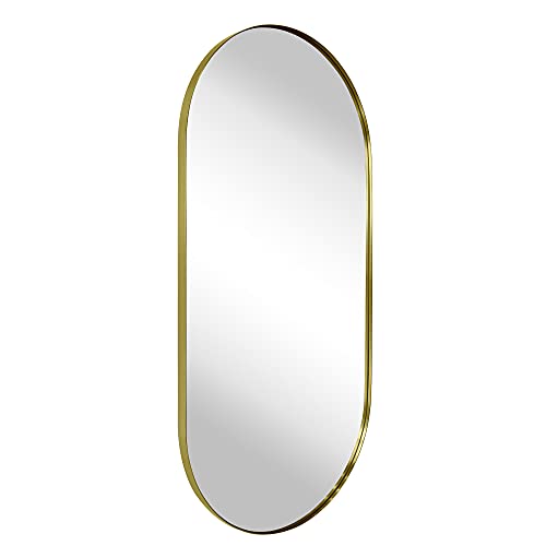 Image of TEHOME Brushed Gold Oval Bathroom Mirror 20x40'' Pill Shaped Oblong Vanity Mirror Metal Framed Capsule Mirror for Wall in Stainless Steel Rounded Mirrors for Wall Mounted