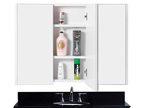 Image of Basicwise 3 Shelves White Wall Mounted Bathroom /Powder Room Mirrored Door Vanity Cabinet Medicine Chest