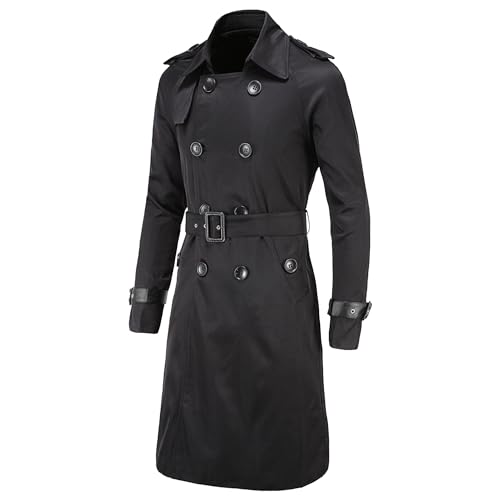 JEKE-DG Men's Trench Coat Slim Fit Double Breasted Belted Windbreaker Lapel Long Casual Windproof Overcoat (Medium,Black)