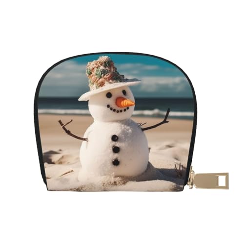 Snowman With Seashells Sitting On Sandy Beach Credit Card Holder Wallet, Leather Zipper Card Wallet For Women Ladies Rfid Blocking Card Case Small Coin Purse Accordion Wallet Gift