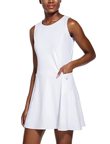 BALEAF Women's Tennis Golf Dress Sleeveless with Inner Shorts 4 Pockets for Exercise Workout White L