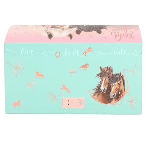 Depesche 13612 Miss Melody - Großes Schmuckkästchen in Türkis und Rosa, mit Pferde Motiv und roségoldenem Muster, Schmuckbox mit Code, Sound und Spiegel