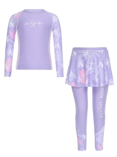 Kids Girls UPF 50+ Swim Shirts with Skirts Leggings Athletic 2 Pieces Rash Guard Sets