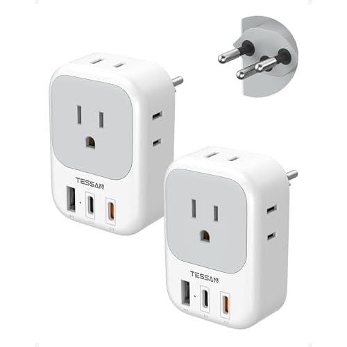 TESSAN Switzerland Travel Plug Adapter PD 20W, 2 Pack Type J Switzerland Power Adapter with 4 Outlets 3 USB (2 USB-C), Swiss Plug for US to Rwanda Jordan Liechtenstein Madagascar, Travel Ess