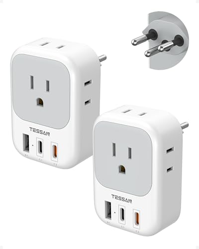 TESSAN Switzerland Travel Plug Adapter PD 20W 2 Pack Type J Switzerland Power Adapter with 4 Outlets 3 USB (2 USB-C) Swiss Plug for US to Rwanda Jordan Liechtenstein Madagascar Travel Essentials