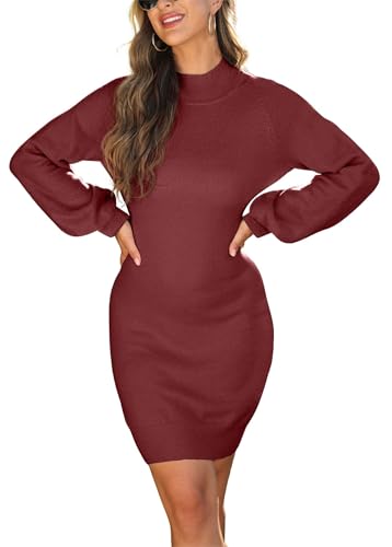 Image of GRECERELLE 2026 Womens Fall Winter Mock Neck Mini Pullover Sweater Dress | Long Sleeve Ribbed Knit Bodycon Fit for Parties Date Holidays Daily(XS-2XL)