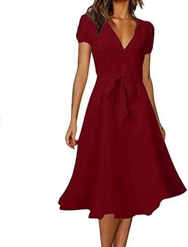 Women Casual Dress Summer Dress V Neck Solid Color Polka Dot Print Dress Short Sleeve Lace Up Tie Dress New Years Eve Dresses Women, Wine-d, L Fashion