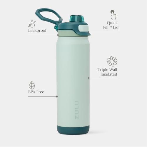 Image of ZULU Powerfill Pro 24oz Stainless Steel Water Bottle with Quick Fill Lid, Triple Walled Vacuum Insulated Metal, Leak Proof Locking Lid, Sip and Chug, Reusable BPA Free, Evergreen