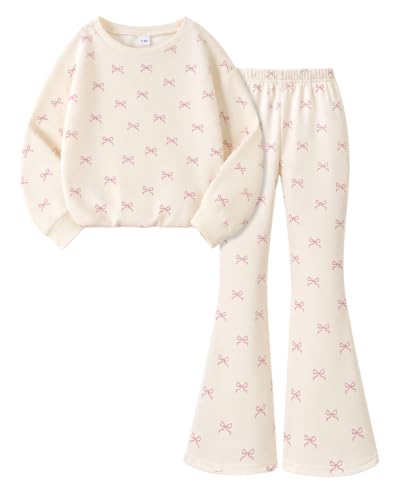 Image of Tween Girls Clothes Long Sleeve Graphic Sweatshirt Top + Bow Knot Pants 2 Piece Outfit Set, Size 7-16Years