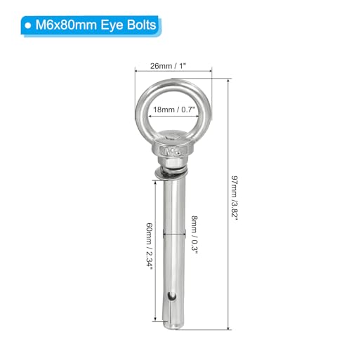 Image of PATIKIL Expansion Eye Bolt M6x80mm, 4 Pack 304 Stainless Steel Shoulder Anchors Eyebolt Screw with Eye Ring for Concrete Brick Walls Canopy Engineering Rigging Silver