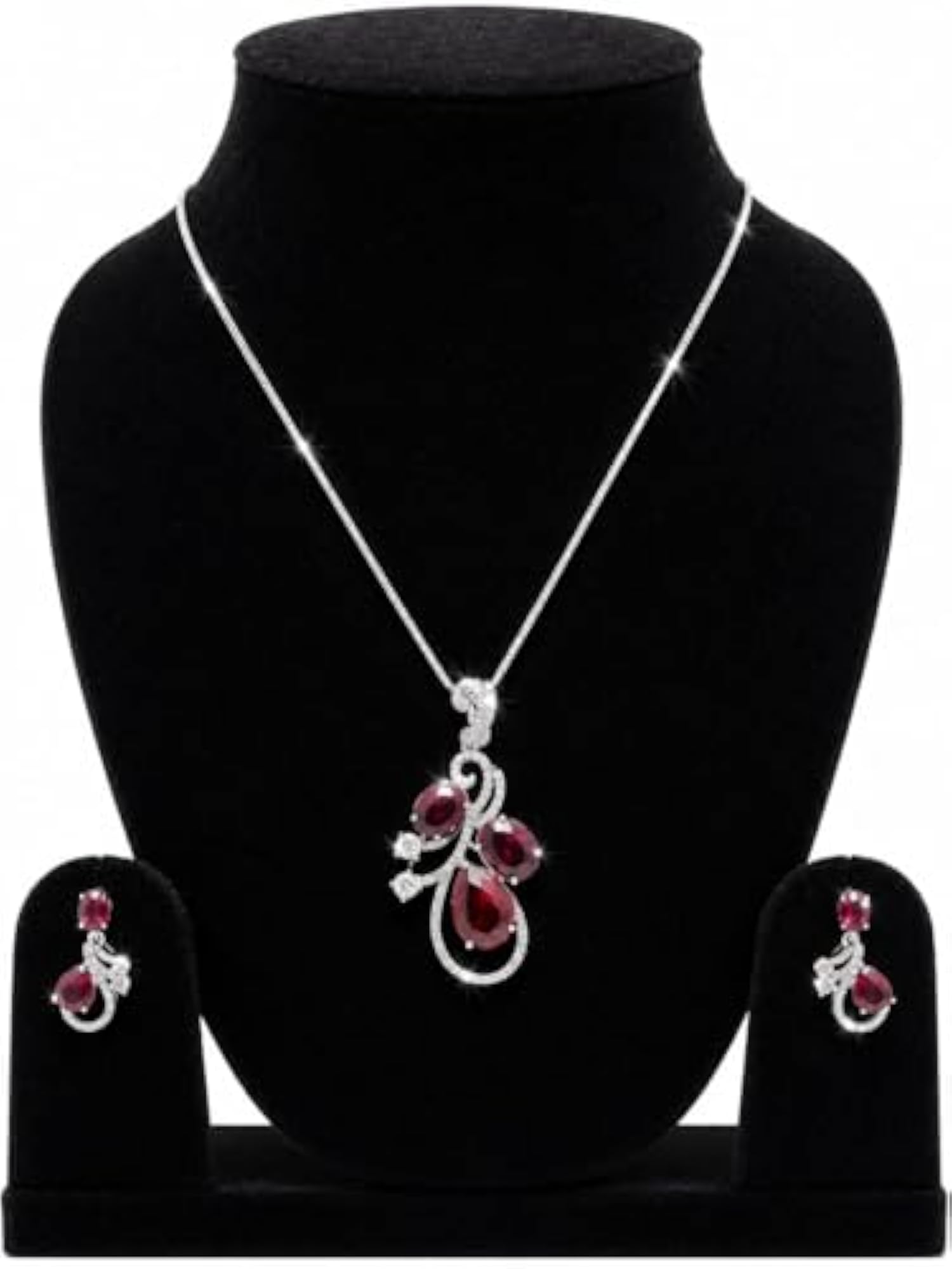 Women's Premium CZ Ruby Stone Pendant Set with Earrings in Rhodium Silver Polish