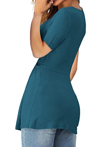 Image of Tankaneo Womens Front Knotted V-Neck Blouse T Shirt Short Sleeve Oversized Tunic Tops Summer Solid Pullover Tees