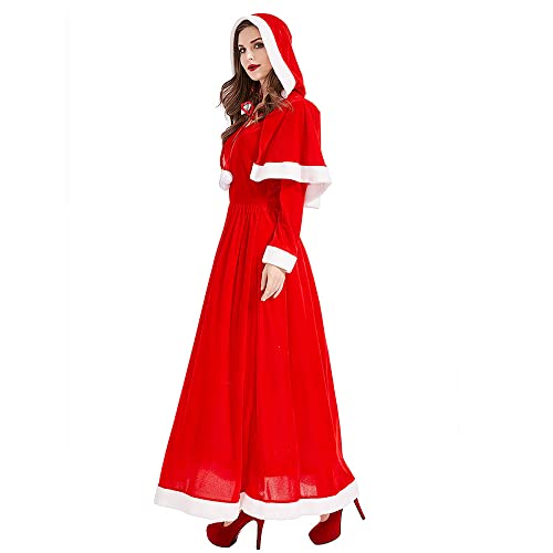 Winter Vrouwen Kerst Cape en Jurk Set, Hooded Mantel Effen Kleur Lange Jurk, Eland Haarband Rood Fluwelen Lange Mouwen Feestjurk, K, Eén maat - Image 3