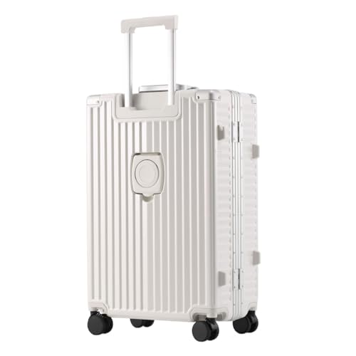 Suitcase Suitcase with Front Opening Aluminum Frame Multifunctional Cup Holder USB Charging Trolley Case Boarding Case Suitcases Large(White,20in)3