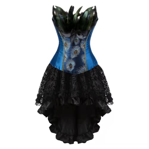 Grebrafan Gothic Corsage mit Tüll Rock Brokat Korsett Pfau kostüm Damen (EUR(34-36) M Blau)