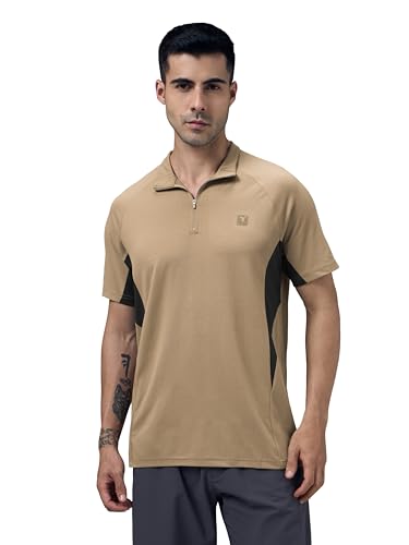 TECHNOSPORT Men's Slim Fit Color Block High Neck Half Sleeve Cotflex T-Shirt for Gym, Fitness & Regular Use - (MTP922KHI_Khaki_M)