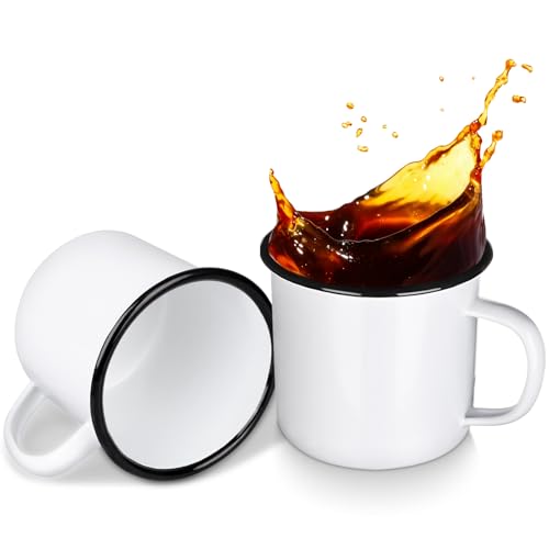 Augenstern 2 Pcs 20 oz Enamel Camping Coffee Mugs Drinking Tea Cups with Handle White Metal Enamel Mug Portable Vintage Round Cup Mugs for Coffee Tea Picnic Travel Home Office