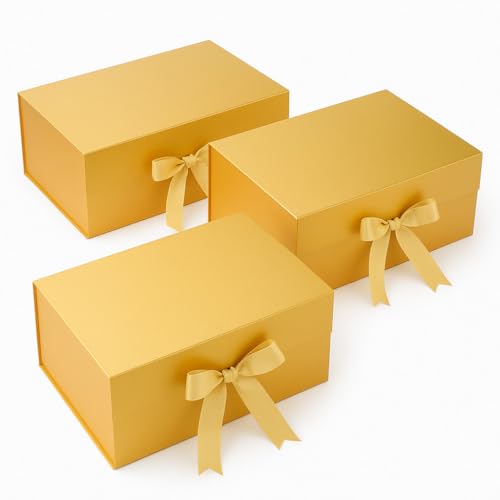 Image of Awestuffs Premium Golden Gift Boxes for Gift Packaging, Reusable Decorative Gift Boxes (23 x 16 x 10 cm) for Hampers, Weddings, Birthdays, Festivals & Corporate Gifts (Pack of 3)