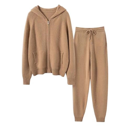 Women's Fall Winter Cashmere 2-Piece Set Zipper Knit Cardigan Pants