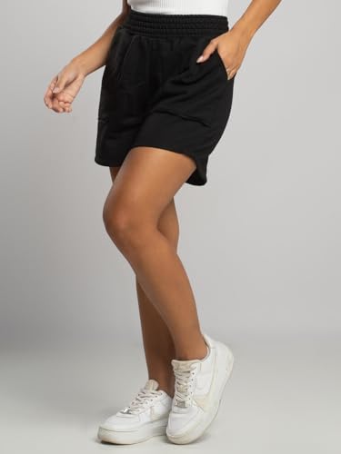 VICBELA Short Curto Moletinho Feminino Cintura Alta com Bolso, Bermuda Feminina Básica Soltinha, Pre