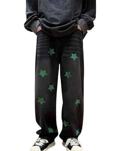 Mens Y2k Jeans Aesthetic Baggy Hip Hop Star Pants Grunge Loose Denim Streetwear Jeans