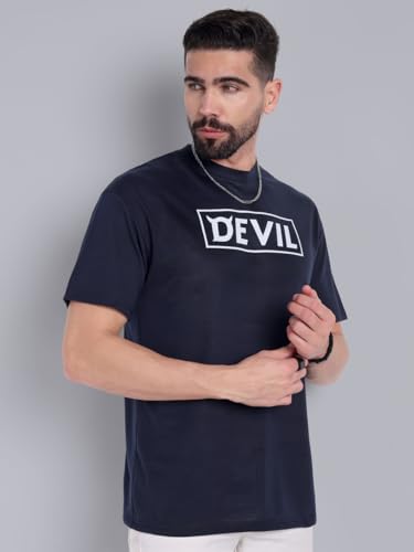 Image of Go Devil Men's Dark Blue 100% Polyester Printed T-Shirt | Half Sleeve, Regular Fit Casual Wear for Men