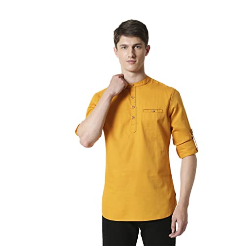 Bewakoof Men's Solid 100% Cotton Short Kurta - Relaxed Fit, Mandrin Collar, Full Sleeves