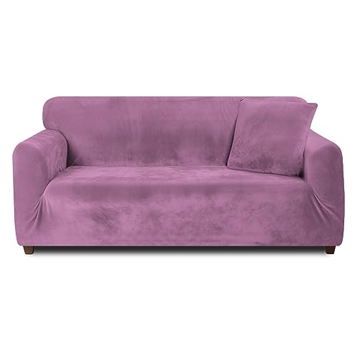 Teynewer Thick Velvet Sofa Covers 1 2 3 4 Seater High Stretch Non-Slip Couch Cover Elastic Furniture Protector Plush Sofa Slipcovers with 1 pillowcase for Living Room Dogs Cat Pet (4 Seater
