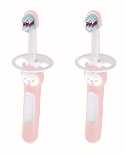 MAM Set de Cepillo de Dientes para Bebé, Mango Compacto, Ergonómico y Antideslizante, para Primeros Dientes, con Protector de Seguridad, Cabezal muy Pequeño y Cerdas Extra Suaves, Rosa, Pack 2