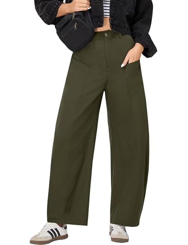Blooming Jelly Womens Wide Leg Barrel Pants Baggy Casual Pants Loose Trousers with Pockets(L, Army Green)