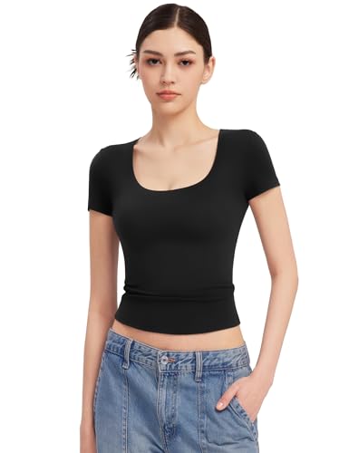 PUMIEY Women's Scoop Neck Short Sleeve T Shirt Slim Fit Sexy Tops Smoke Cloud Collection