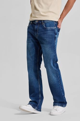 Image of SNITCH Mens Contrast Stitch Coin Pocket Full Length Cotton Lycra Solid Pattern Light Weight Mid Rise Bootcut Jeans