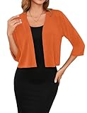 Iandroiy Women's 3/4 Sleeve Cropped Cardigan Sweaters Open Front Bolero Short Shrugs (Medium, Orange)