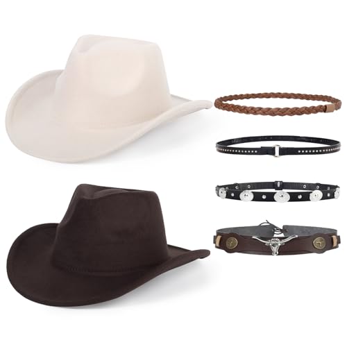Image of QLAUCA 2 Pack Western Cowboy Hats for Women and Men Classic Felt Wide Brim Costume Cow Boy Hat Roll Up Brim Cowgirl Hat