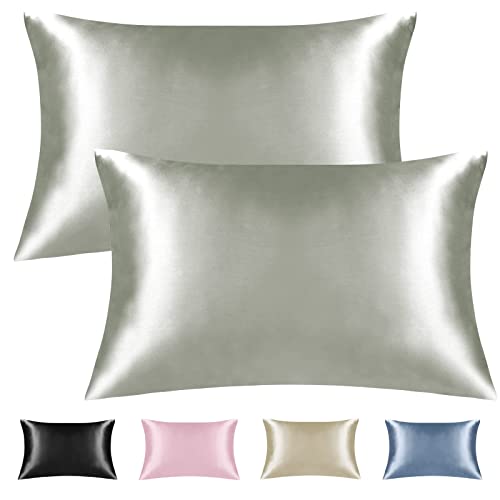 REDKEY Lot de 2 housses de coussin en satin pour cheveux et peau - Taies d'oreiller en soie - Taille standard pour enfants - Luxueux et rafraîchissants - Gris - 50,8 x 66 cm Cover