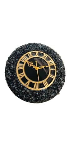 Image of Handmade Resin Wall Clock with Roman Numerals - Luxury Marble Effect Designer Wall Clock with Gold Finish, Silent Quartz Movement, Modern Home & Office Decor (Black)