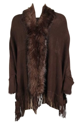 Rungion Women's Warm Knit Fur Collar Fringe Shawl Cardigan Cape Winter Thickened Coat Loose Poncho Wrap with Sleeves