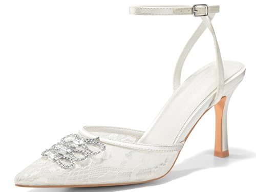 Coutgo Womens Rhinestone High Heels Closed Pionted Toe Bow Mesh Pumps Ankle Strap Wedding Bride Dress Shoes