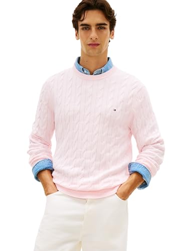 Image of Tommy Hilfiger Men's Cable Knit Crewneck Sweater Lightweight Pullover