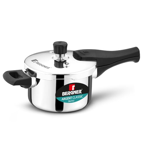 Image of Bergner Argent Classic Triply Stainless Steel 1.5 Liters Outer Lid Pressure Cooker, Mini Baby Cooker with Resettable Safety Valve, Sturdy Handle, Easy to Use and Clean - Induction and Gas Stove Ready