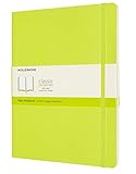 El paquete contiene un cuaderno Moleskine Clásico con hojas lisas y tapa blanda, disponible en tamaño XL 19 x 25 cm, 192 páginas, color verde limón