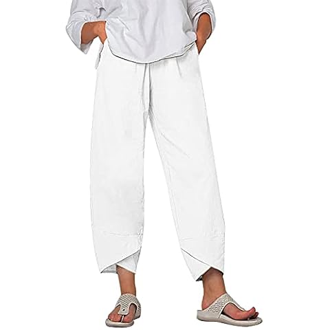 JINGFAN Linen Trousers Womens,Women's Trousers Casual Flowers Print Plus Size Elastic Girdle Waist Wide Leg Pants Ladies Embroidery Relaxed Loose Cotton and Linen Cropped Trouser White Cover