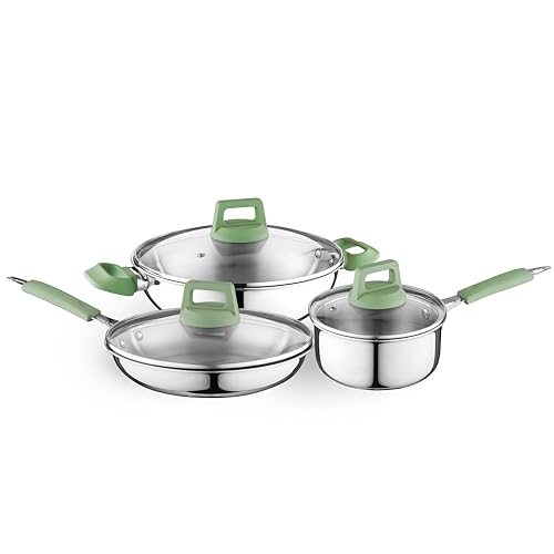 Image of Kreme Platina Triply Stainless Steel Cookware Set of 6 Pcs - Kadai 24cm /2.8L, Frypan 24cm /1.8L and Saucepan 16cm /1.6L with Glass Lid, Induction & Gas Use