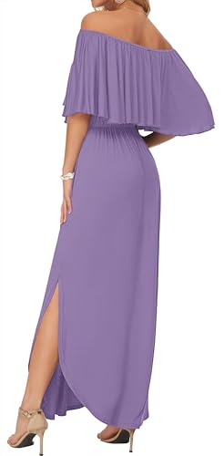 Image of AUSELILY Womens Off Shoulder Ruffle Split Summer Maxi Dresses with Pockets | Off-shoulder Ruffle dress with empire waist & side split for summer beach and casual parties