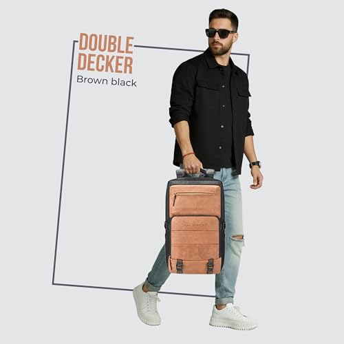 Gear Double Decker 31L Large Water Resistant Faux Leather Anti-Theft 5 Compartment Backpack/Laptop Bag/Office Bag for Men/Women (Navy-Tan) - Image 2