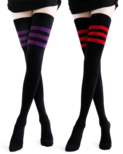 Kayhoma Extra Long Cotton Stripe Thigh High Socks Over the Knee High Plus Size Stockings…
