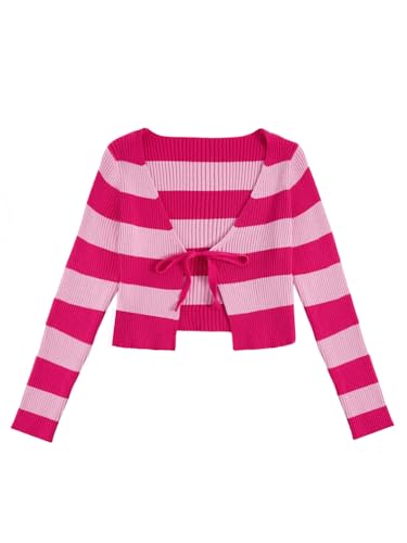 Image of Floerns Women's Tie Front Long Sleeve Rib Knit Shrug Sweaters Cardigan Crop Top Pink and Purple Large