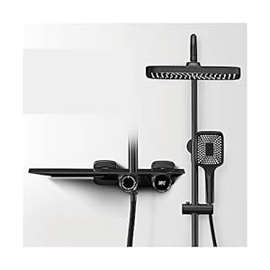 Thermostatic Shower Mixer Set Luxury Gray Brass Bathroom Shower, Digital Display Design Waterfall Water Outlet Cold & Hot Dual Control Shower Tap (Matte Black 1)